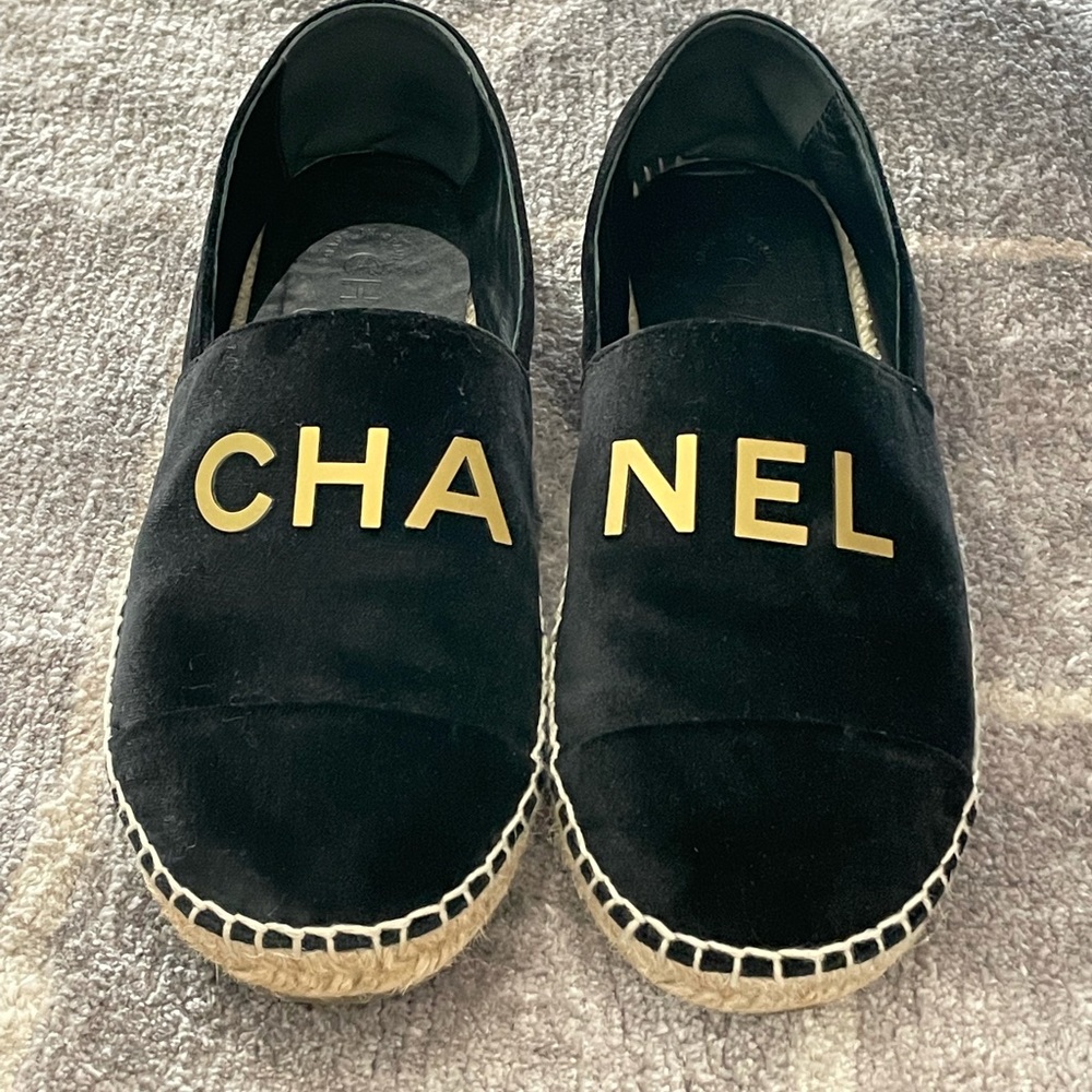 Chanel velvet logo espadrille.